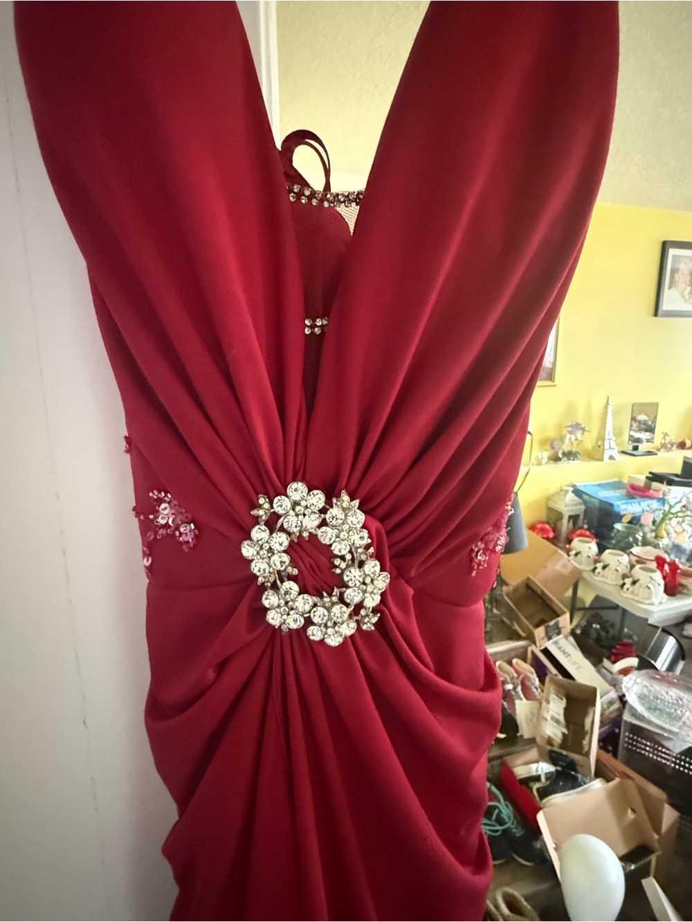 Red Evening Dress with Crystal Brooch Detail